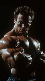 Male bodybuilder in dramatic side-lit muscular pose.