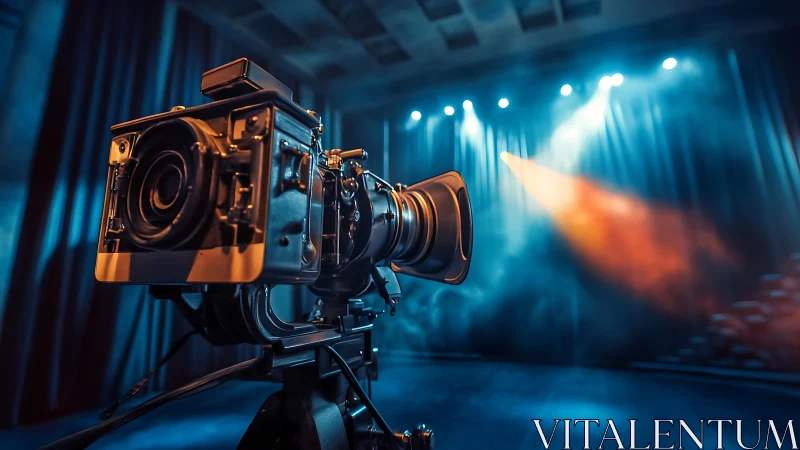 Vintage studio film camera waits under dramatic stage lights