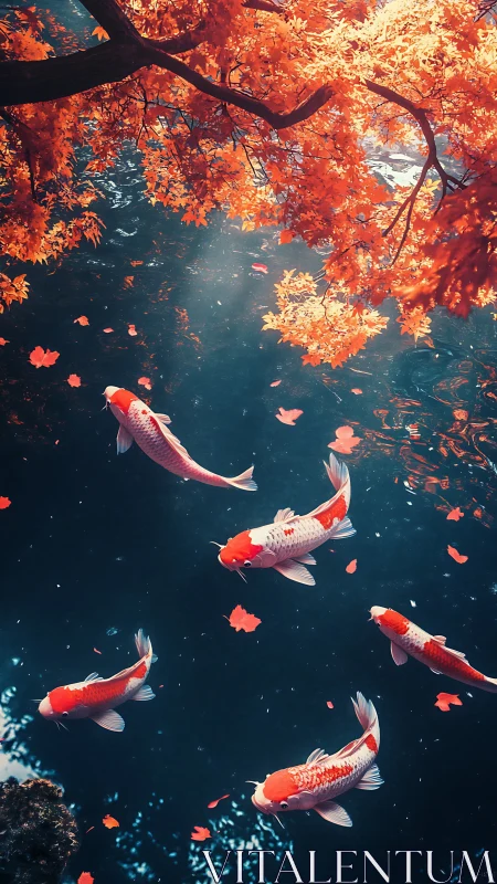 Koi beneath crimson maple canopy in luminous autumn pond.