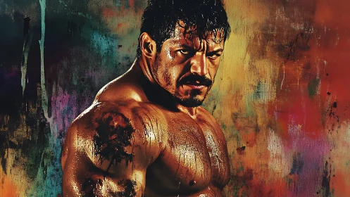 Powerful fighter framed by bold splashes of color.