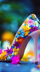 High-heel stiletto densely tessellated with vivid florals.