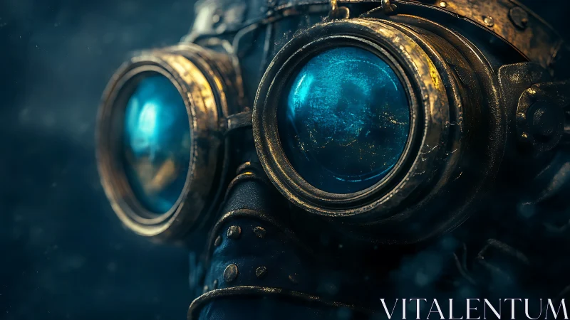 Close-range steampunk respirator goggles with cyan optics.