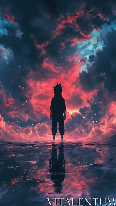 Backlit anime silhouette in turbulent bi-chromatic stormscape.