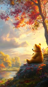 Plush bear rests under glowing autumn tree by riverbank.