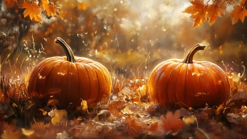Golden pumpkins glowing softly in a dreamy autumn meadow.