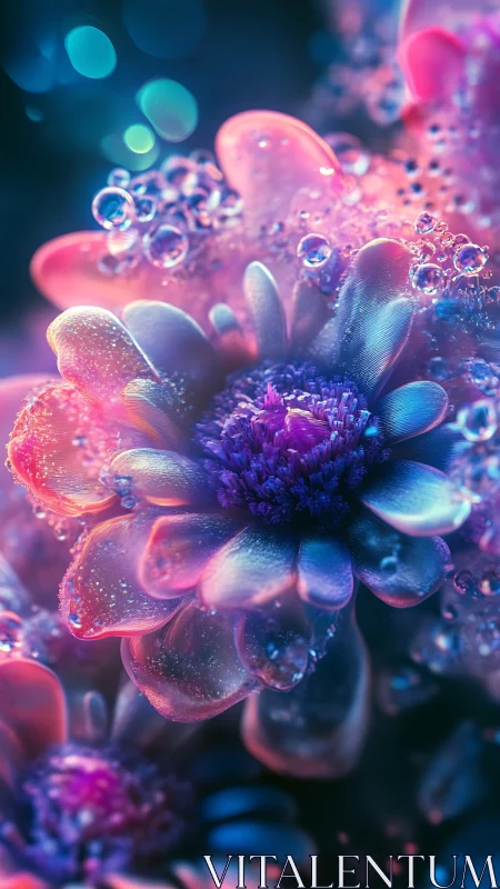Iridescent macro flower in vivid pink and blue light.