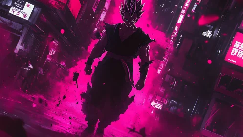 Neon-charged anime warrior strides through cyberpunk streetscape
