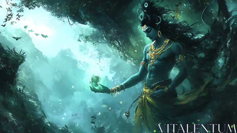 Mythic blue deity levitates glowing orb in misted forest