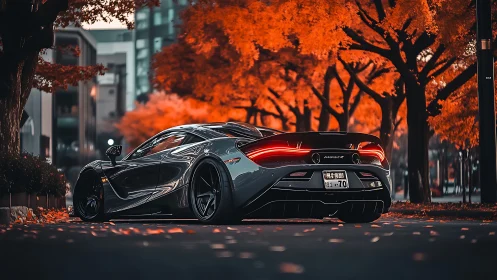 Low supercar parked under dense orange autumn foliage