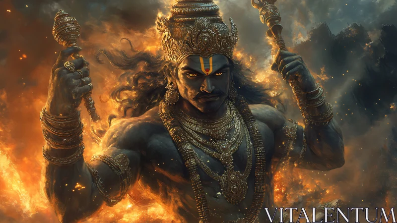 Mythic warrior deity amid flames with ornate gold armor.