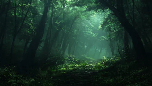 Misty forest corridor with towering trees and filtered green light.