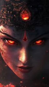 Fiery goddess face with molten eyes and glowing forehead jewel.