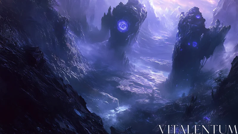 Twin obsidian monoliths quietly guard a glowing astral pass