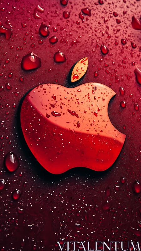 Glossy red apple logo glowing through fresh raindrops.