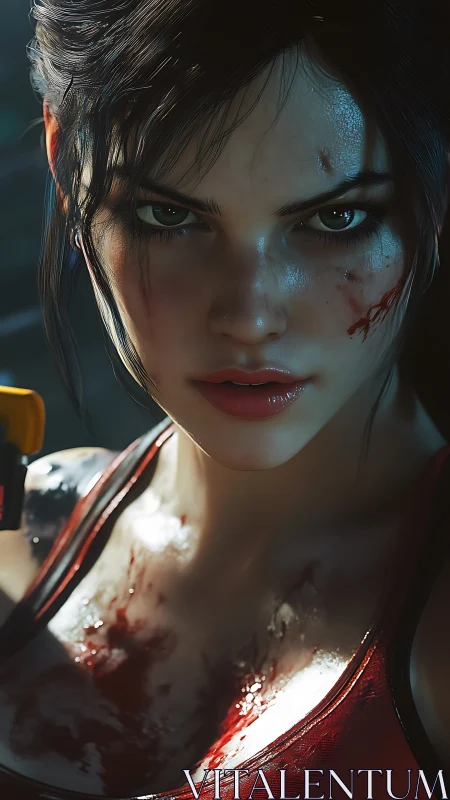 Fearless warrior’s fierce gaze in a storm of shadows.