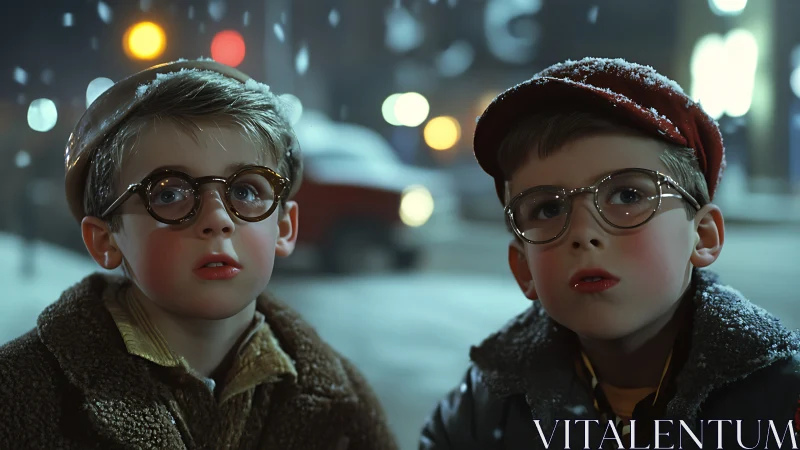 Two bespectacled boys gaze upward in snow-covered winter night scene.