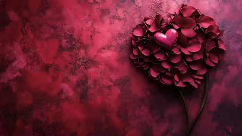 3D rendered heart formed by rose petals in magenta atmosphere.