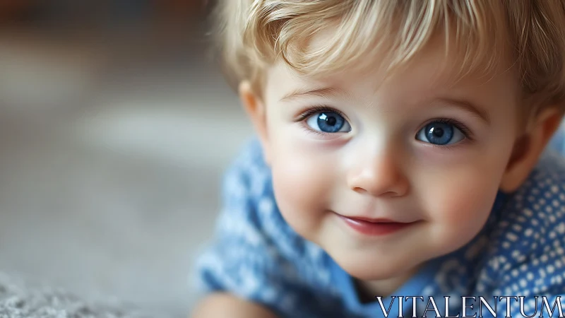 Young child with blue eyes and light blonde hair smiling gently.
