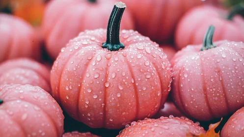 Dew-kissed pink pumpkins glow softly in a cool autumn light