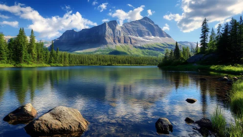 Glacial lake reflectance with stratified alpine massif geometry.