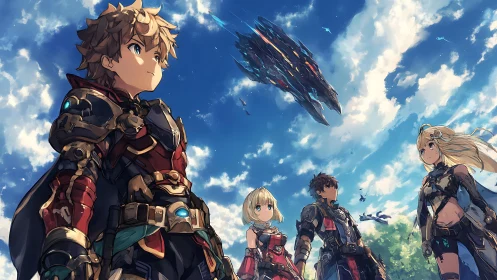 Skybound anime squad watches descending alien warship