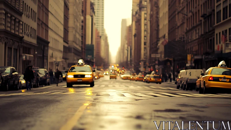 Rain-glossed avenue sends yellow cabs gliding into dusk