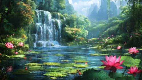 Digital landscape shows waterfall, pond, and lotus vegetation