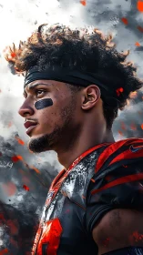 Profile view depicts football player rendered in stylized detail