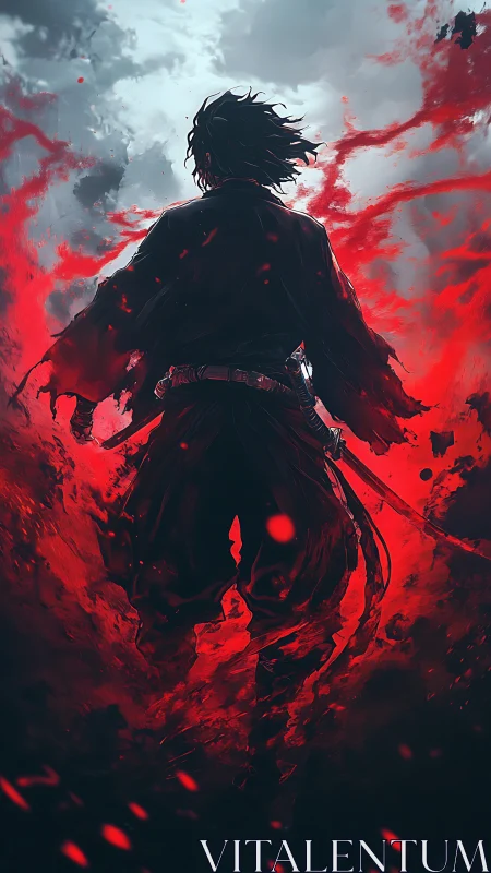 Samurai silhouette in crimson storm with dynamic energy field.