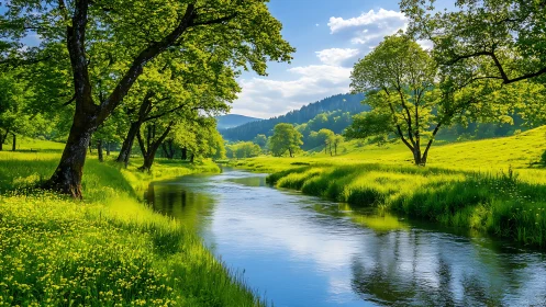 Sunlit river meadow whispering in bright springtime hush.