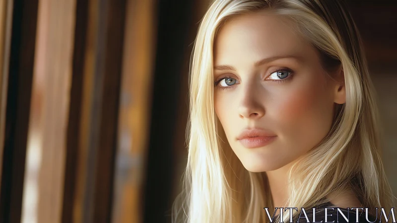 Blonde woman gazes toward camera beside sunlit window