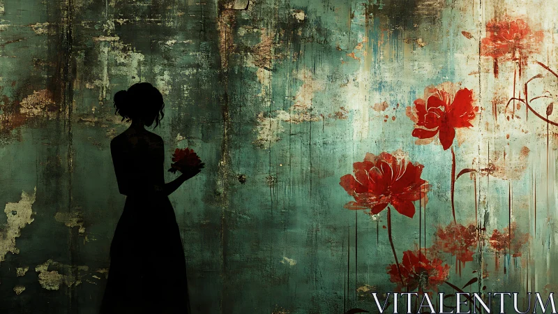 Silhouetted woman contemplates red blooms on weathered wall