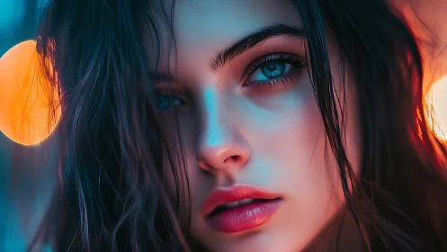 Neon dusk muse with electric blue eyes and ember halo.