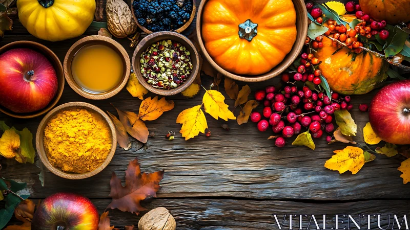 Autumn harvest still life with pumpkins, apples, berries, spices.