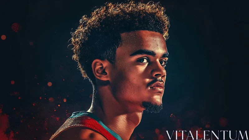 Focused young athlete gazes ahead in dramatic lighting.