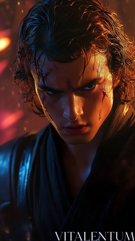 Cinematic warrior portrait with specular lighting dynamics.
