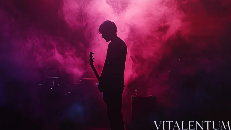 Silhouetted guitarist stands in neon magenta stage haze.