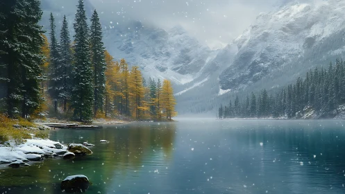 Snowfall over alpine lake and larch forest in soft haze.