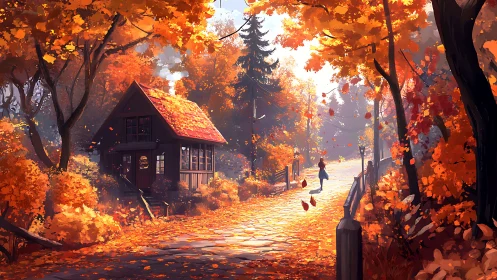Wooden cottage beside autumn path under orange foliage.