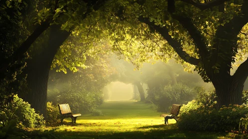 Luminous tree tunnel with symmetrically opposed park benches.