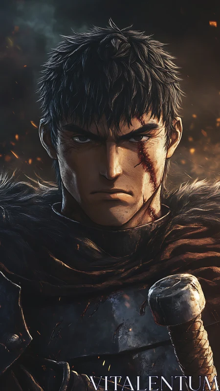 Scarred duskwarrior stares down fate in emberlit armor.