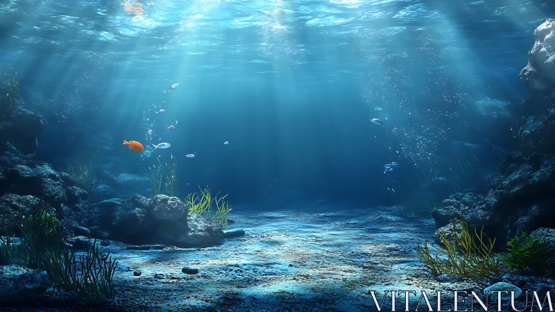 Sunlit shallow seafloor with rocks, fish, and sparse plants.