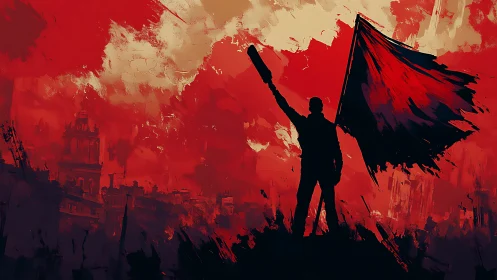 Revolutionary silhouette with tattered red flag over burning city.