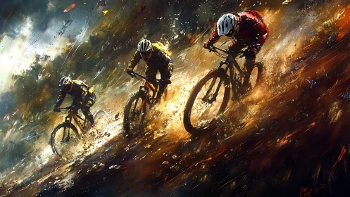 Three cyclists descend muddy slope in dynamic painted motion