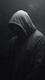 Hooded shadow figure with red eye in dark atmosphere.