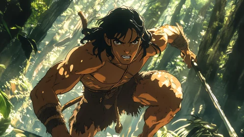 Dynamic jungle warrior in low-angle action pose, rim-lit anatomy