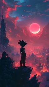 Neon dusk crowns a lone warrior above the burning city