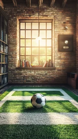 Industrial loft library with soccer field rug centerpiece.