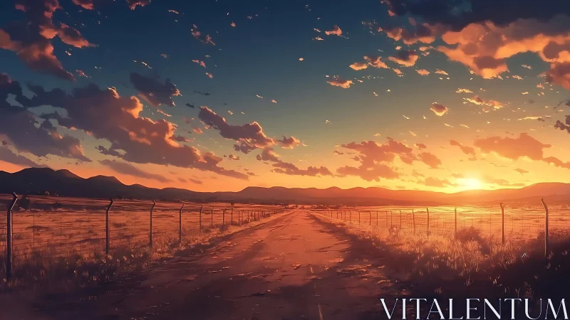 Sunset road perspective across fenced rural plain.