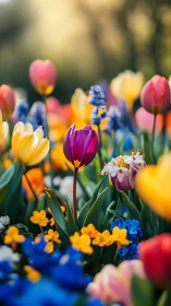 Spring Garden with Tulips and Ornamental Flowers.